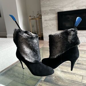 Chic Black and Gray Fur Heeled Boots